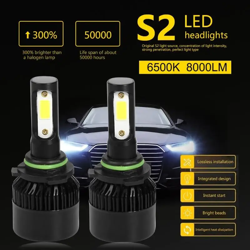 2 шт. светодиодный налобный фонарь S2 серия COB H1 / H11 H7 9005 9004/ 9006/ H13/ H4 /9007 8000