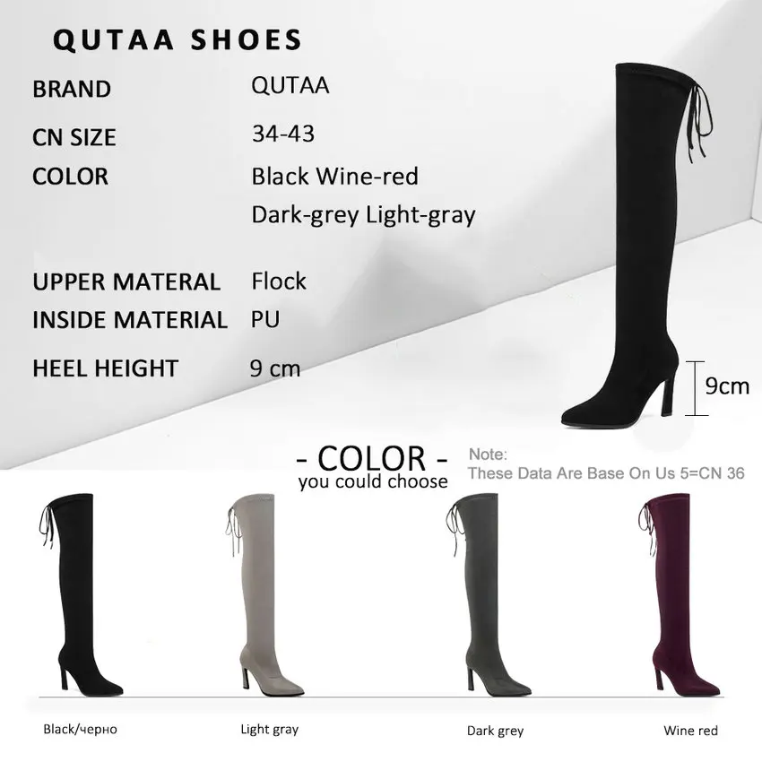 

QUTAA 2020 Lace Up Women Shoes Sexy Pointed Toe Winter Long Boots Stretch Fabrics Hoof High Heel Over The Knee Boots Size 34-43