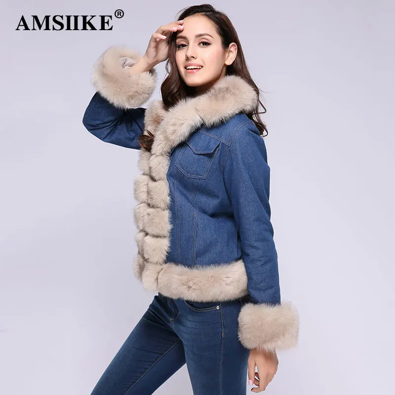 AMSIIEK Шикарная Джинсовая Куртка С Мехом Лисы Воротник Отстегивается 2018-1 | Женская