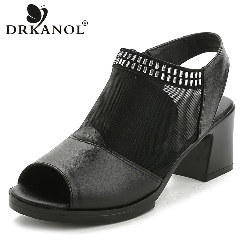 

DRKANOL 2021 Genuine Leather Women Sandals Summer Shoes Black Air Mesh Open Toe Rhinestone Thick Heels Sandals Women High Heels