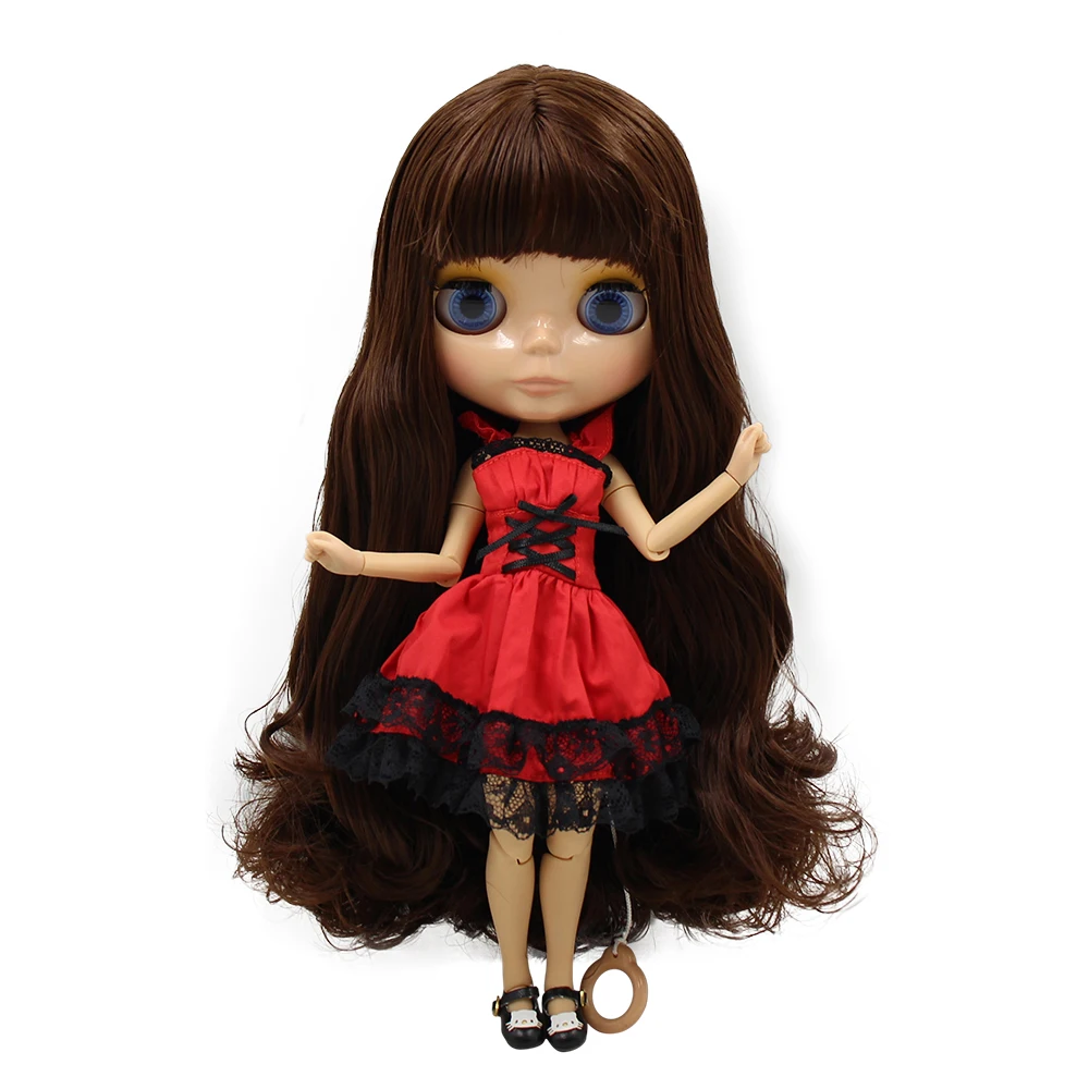 1/6 фабричная кукла blyth, игрушка из коричневых волос с челкой, загорелая кожа, повязка на голову для кошки, красное платье, обувь для кошки, комбинация 1/6, 30 см