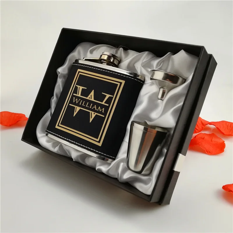 gift box JHHP 6 унций черная кожаная фляжка, фляжка для бедер, Персонализированная Выгравированная, подарок жениху или шаферу, подарок на день рождения - Цвет: gift box