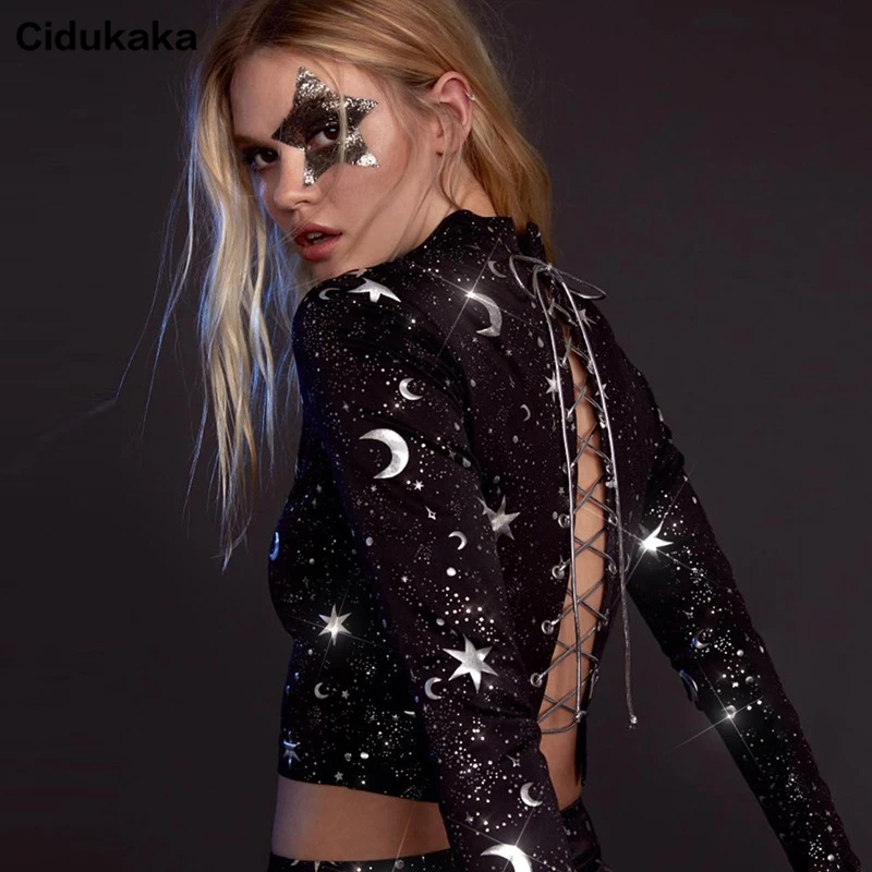 Cidukaka со шнуровкой сзади Sexy Топ с длинным рукавом Moon звезда печати шею футболка