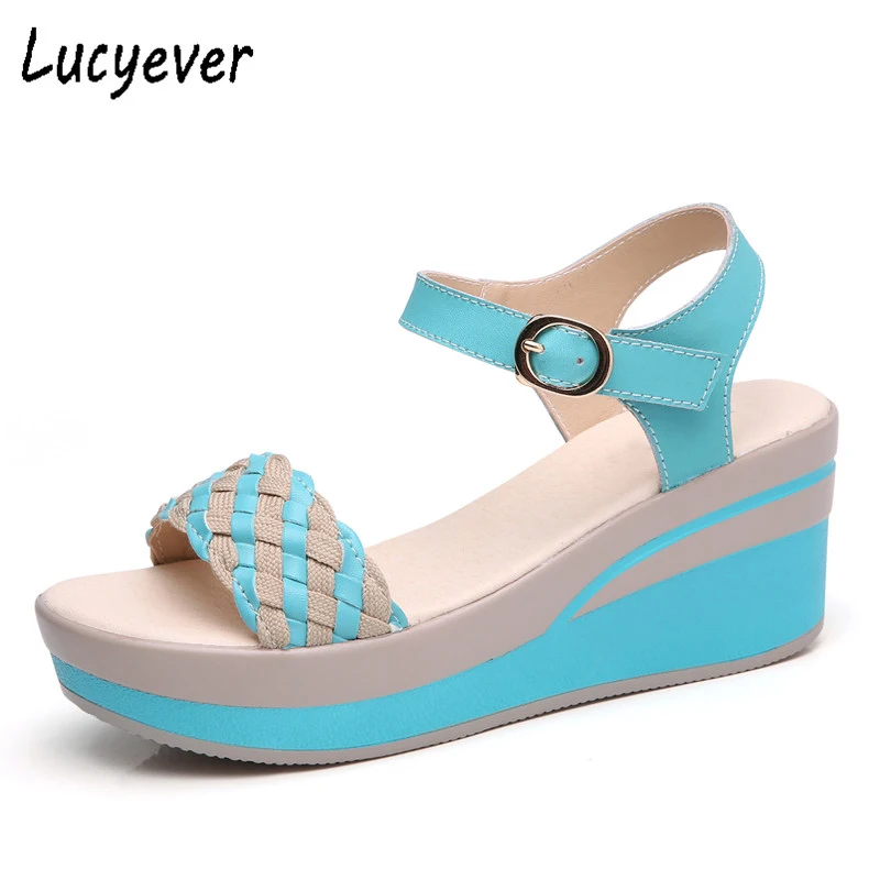 Lucyever/женские летние босоножки женские из натуральной кожи на танкетке