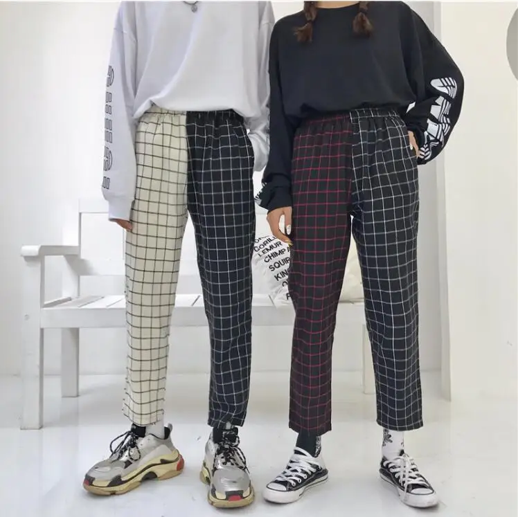 Новые Harajuku Лоскутные клетчатые брюки женские с эластичной талией Прямые брюки