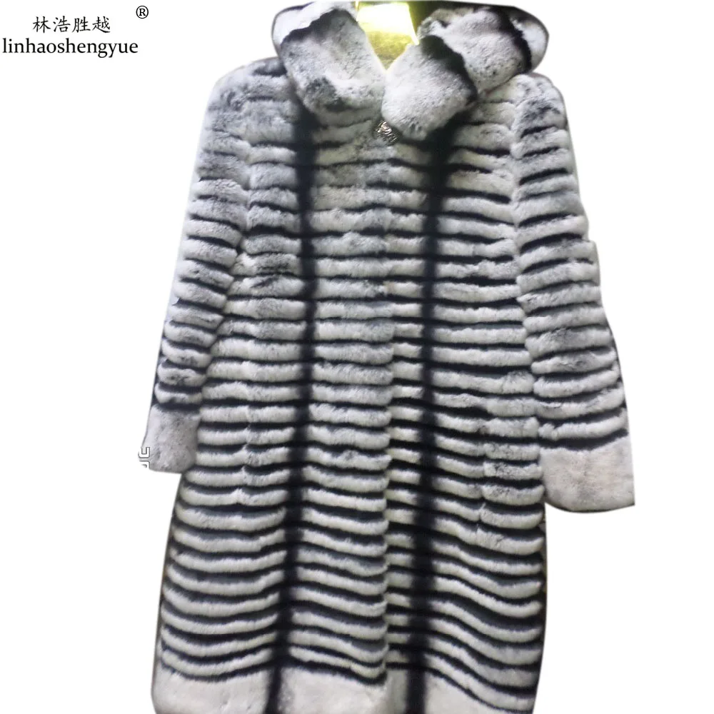 

Linhaoshengyue Real Rex Rabbit Fur Coat Length 85CM with Hood