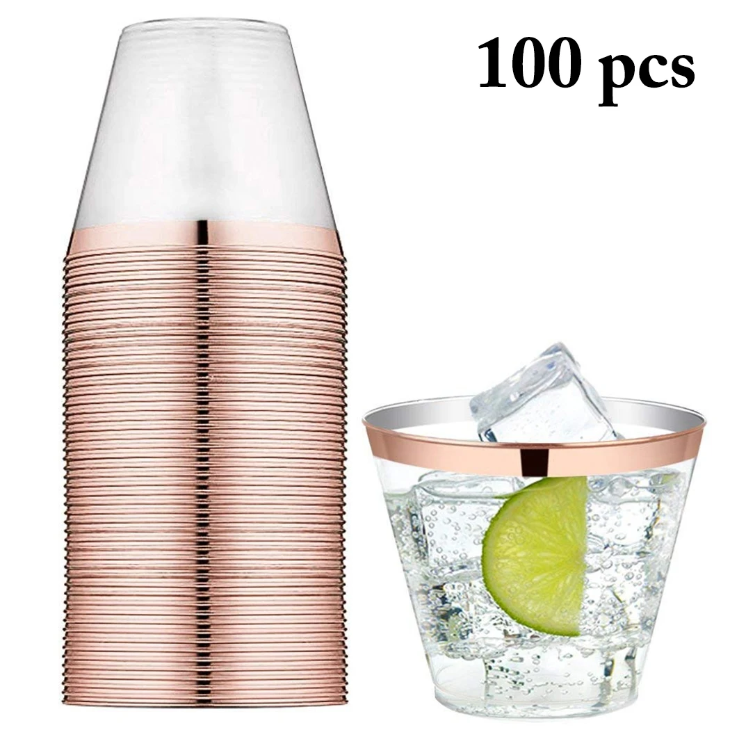 100pcs Модные одноцветные пластиковые одноразовые стаканчики, набор для свадебной вечеринки, золотые, розовые, золотые, бронзовые, пластиковые стаканчики, одноразовые, золотые, пластиковые стаканчики - Цвет: 100pcs