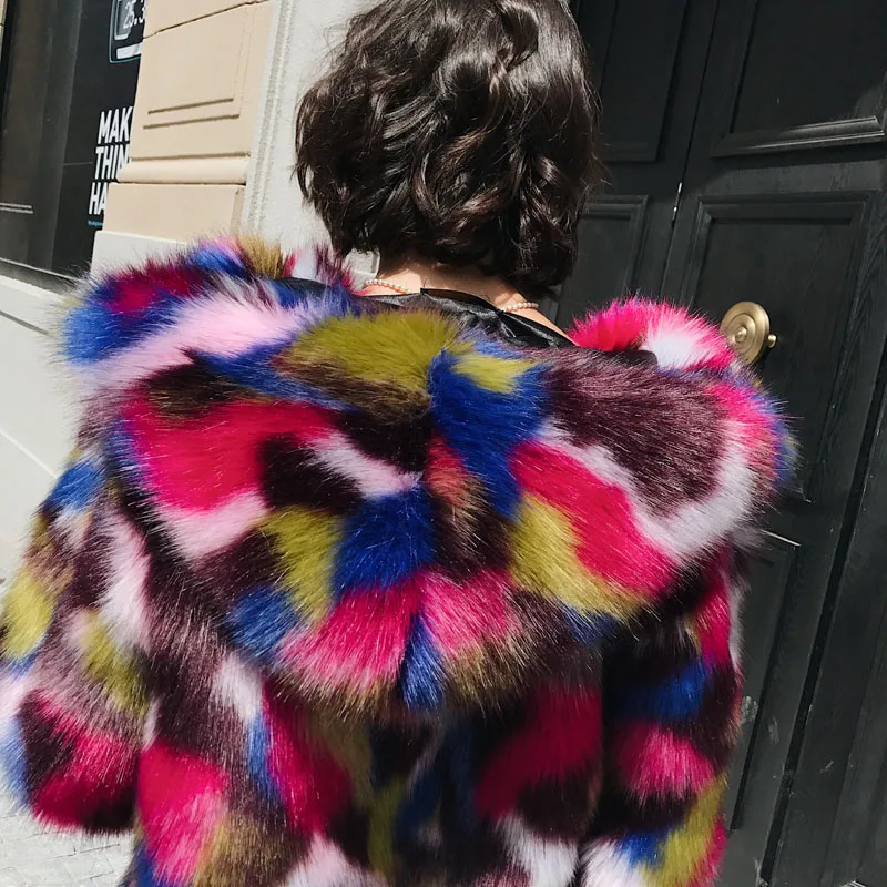 Негабаритных Теплая зима Для женщин из искусственного меха пальто многоцветный
