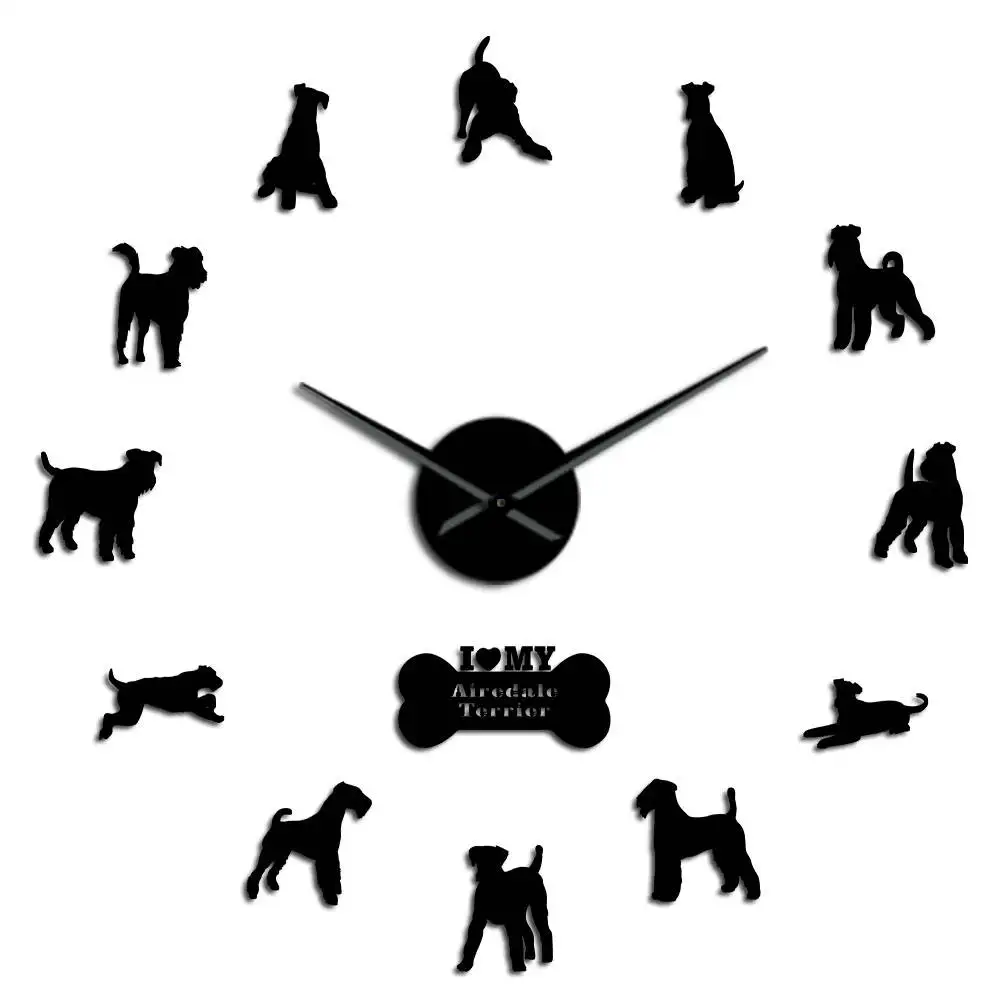 Black Airedale терьер фигурка собаки Современная DIY настенные часы животные собаки Домашние животные компаньоны лазерная резка тихие развертки часы - Цвет: Black