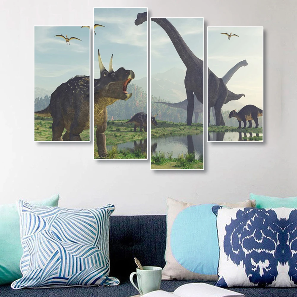 Laeacco Canvas Painting Calligraphy Jurassic World Dinosaur 4 Panel Wall Artwork Posters and Prints Home Decoration Pictures | Дом и сад