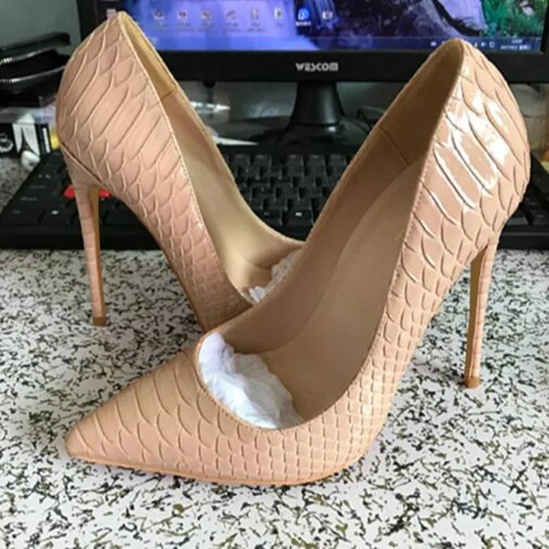 

2018 NEW ARRIVE Women Shoes Black Nude Snake Leather Sexy Stilettos High Heels 12cm/10cm/8cm Pointed Toe Party Women Pumps