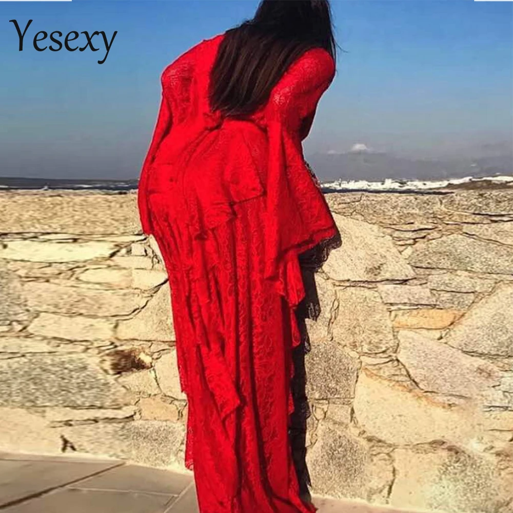 

Yesexy 2021 Women Sexy Summer Long Sleeve High Split Lace Hollow Out Solid Color Maxi Elegant Dress VR8754