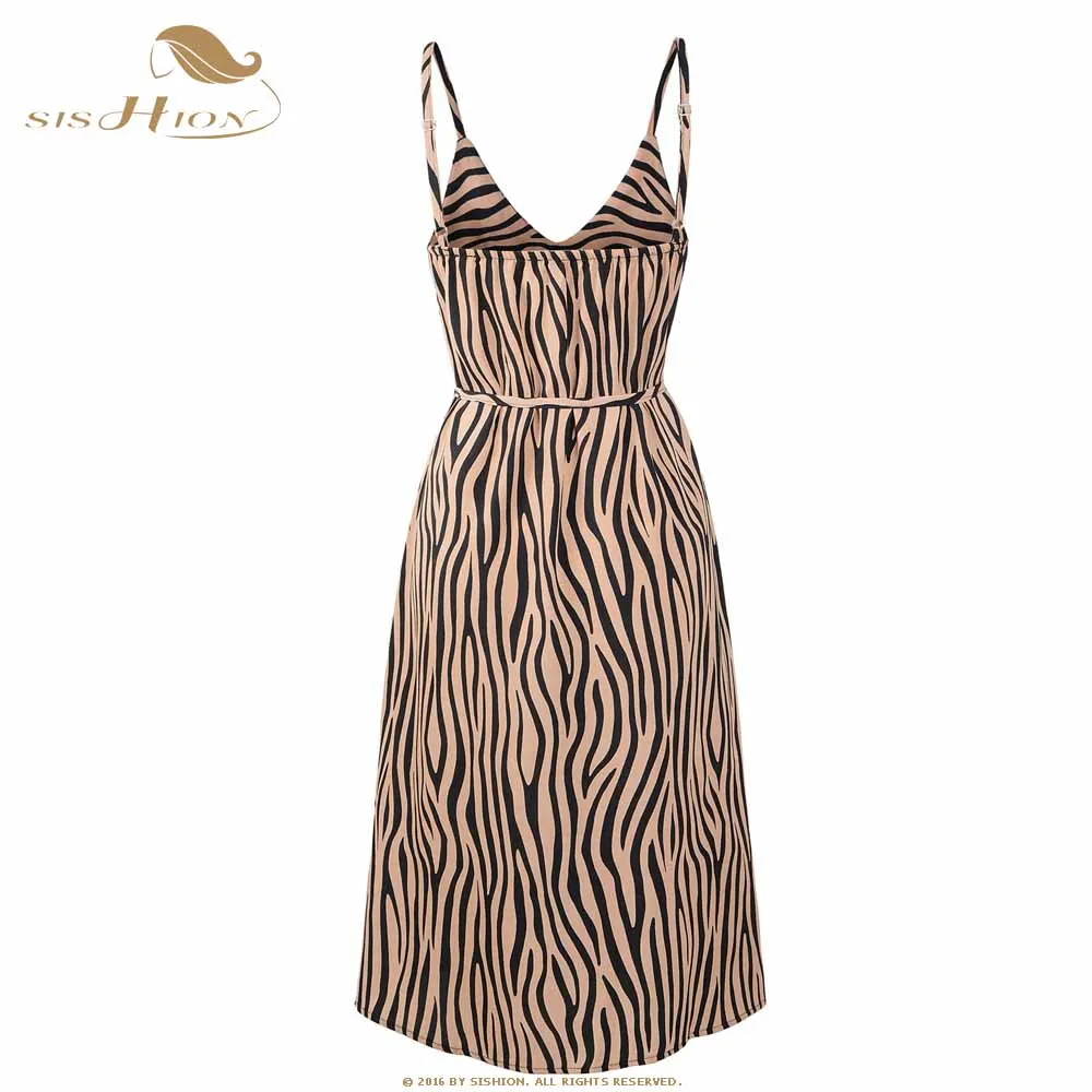 SISHION Summer Beach Dress Zebra Pattern Striped Women CD11151 Spaghetti Strap V Nech Chiffon Sexy Backless | Женская одежда