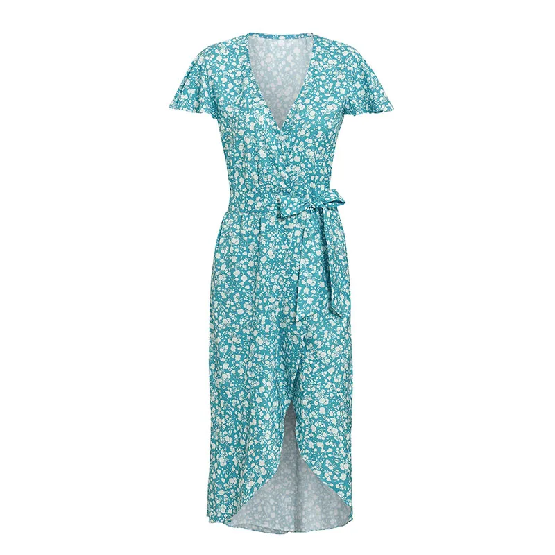 Элегантное летнее женское платье с принтом v образный вырез оборки саше длинное