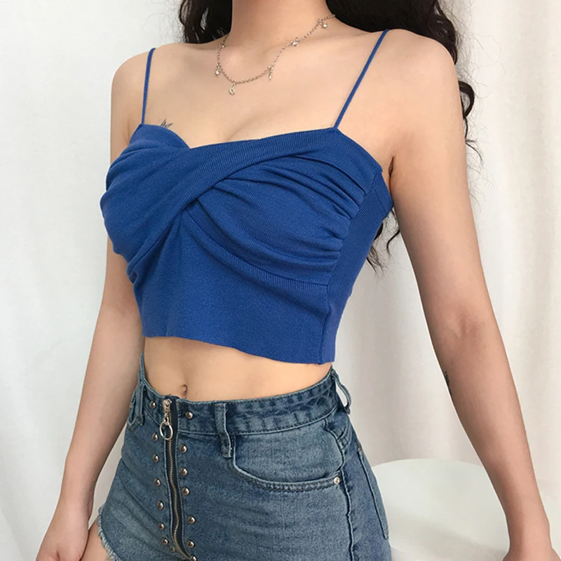 Сексуальный жилет крест накрест Топ для женщин Вязаный топ короткий открытая