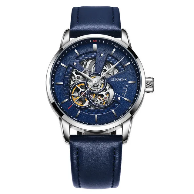 Blue Mechanical OUBAOER мужские s часы лучший бренд класса люкс автоматические механические часы Мужские Кожаные Бизнес водонепроницаемые спортивные часы Relogio Masculino - Цвет: Blue Mechanical