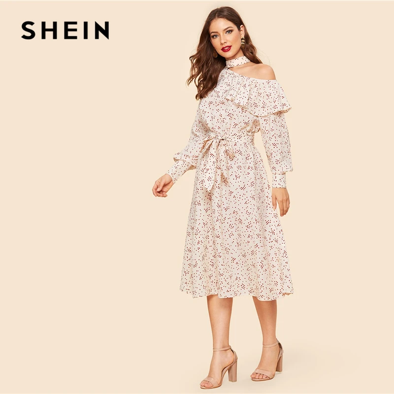 SHEIN винтажное абрикосовое платье с оборками на одно плечо с рукавом с поясом, женское весеннее элегантное Цельнокройное платье миди