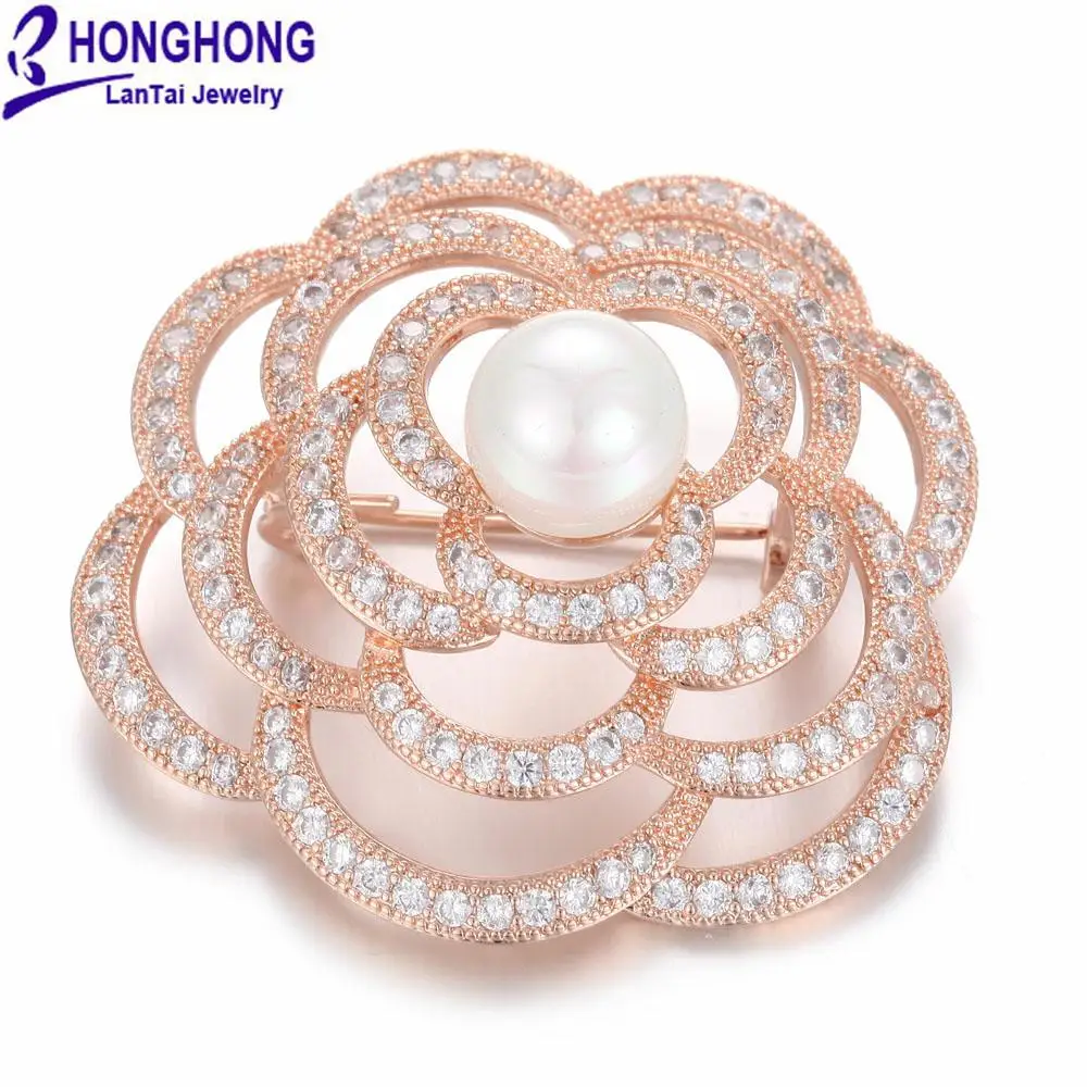 Rose Gold Plated Honghong кубического циркония большая брошь для платья высококачественная одежда для детей качественные растений Роза, брошь в форме цветка и свадебное платье, модное ювелирное изделие - Окраска металла: Rose Gold Plated