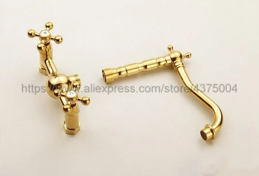 Роскошный латунный настенный смеситель золотого цвета с двойной ручкой для