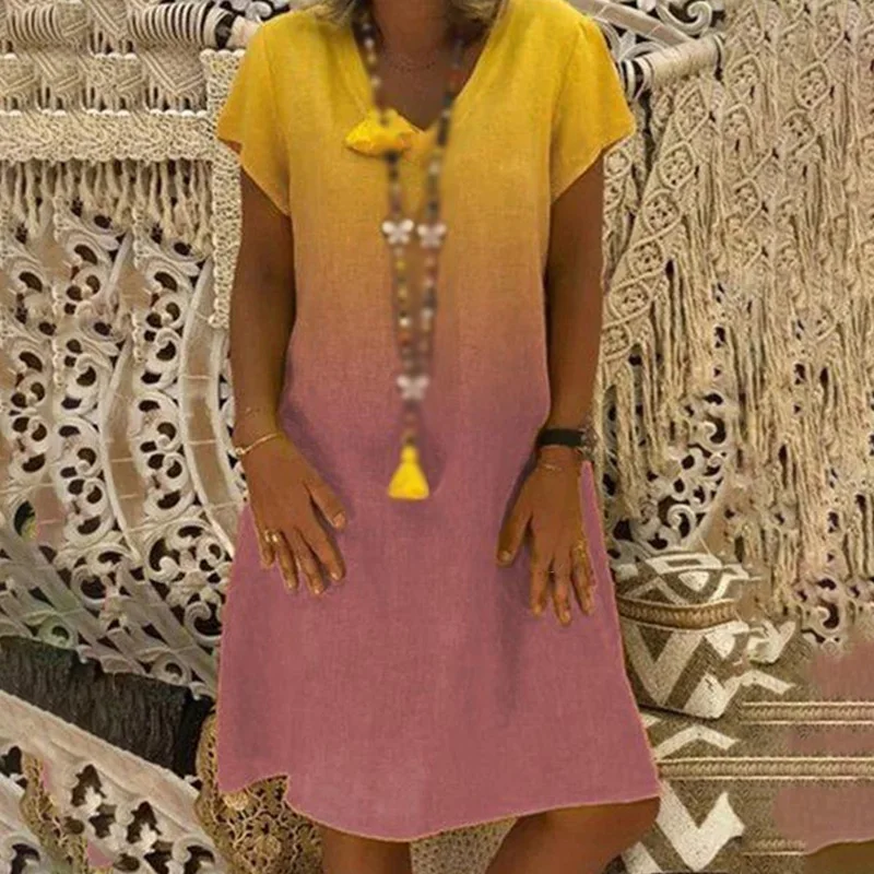 Женское платье летнее с v образным вырезом Boho вечерние короткий рукав