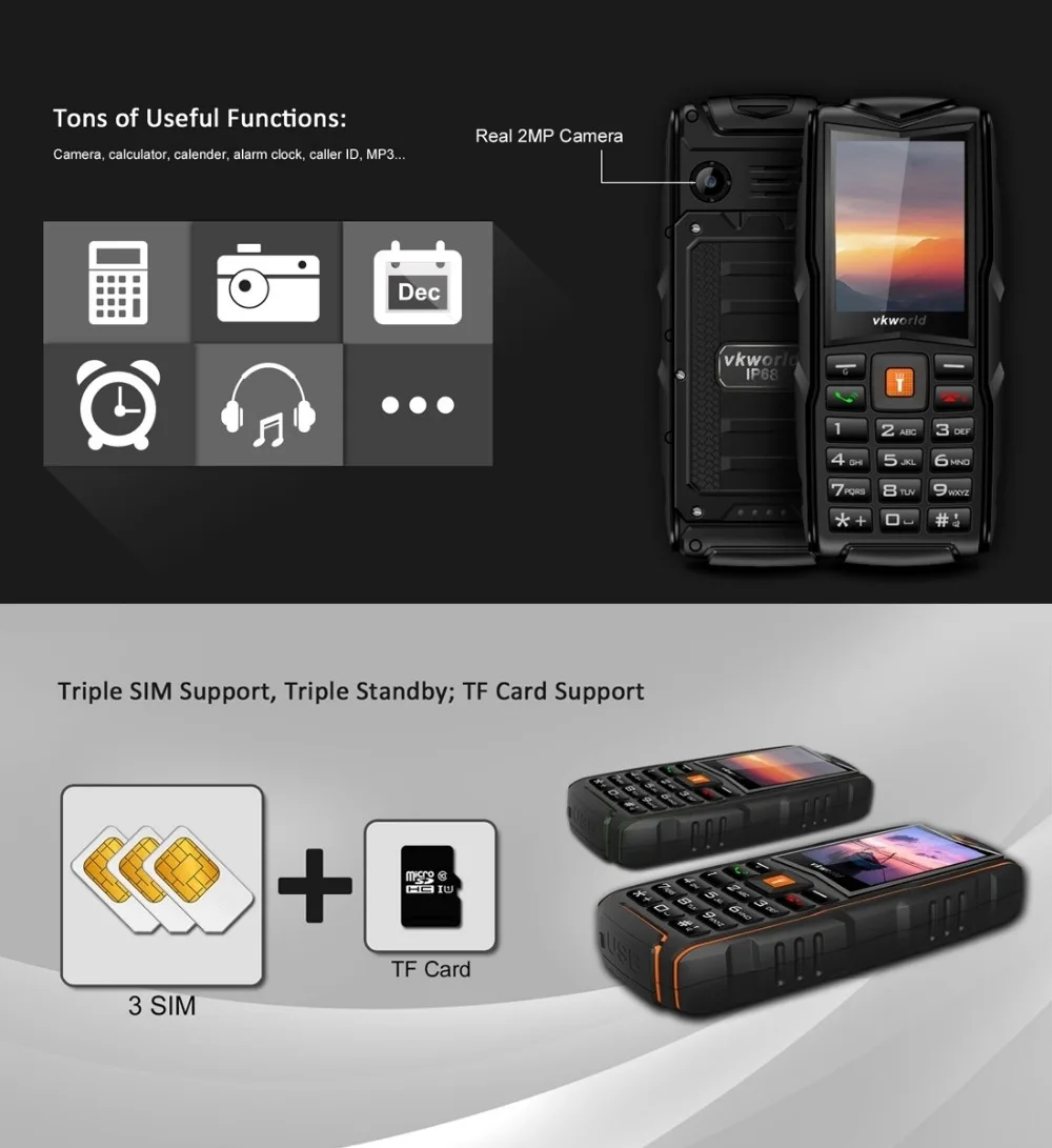 VKworld камень V3 IP68 Водонепроницаемый 2," 3000 мАч Тройная sim-карта с русской клавиатурой FM светодиодный фонарик прочный телефон