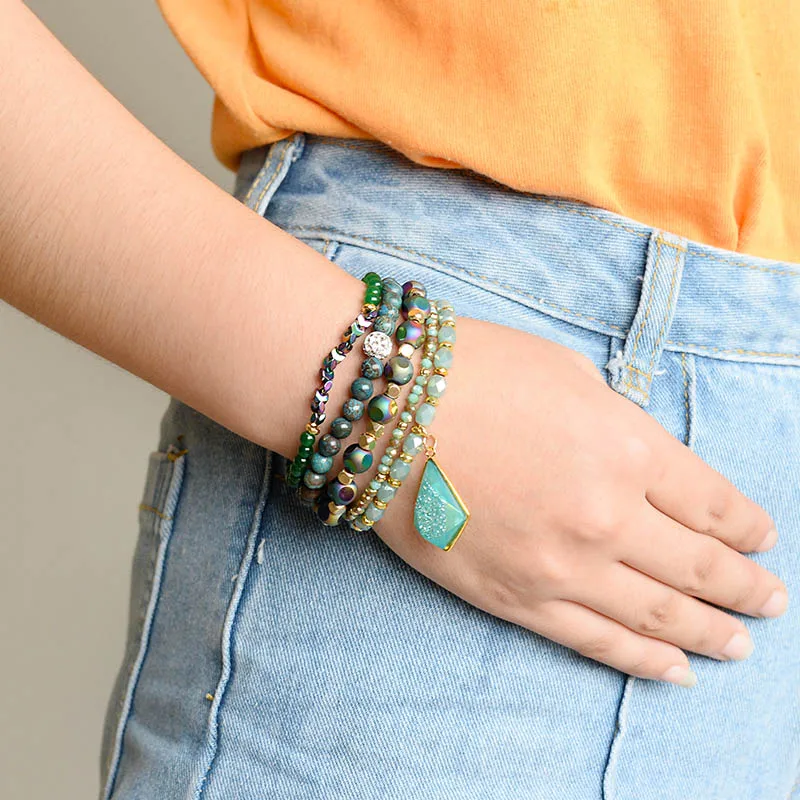 Набор браслетов с подвеской из натурального камня в стиле бохо Дамская Золотая