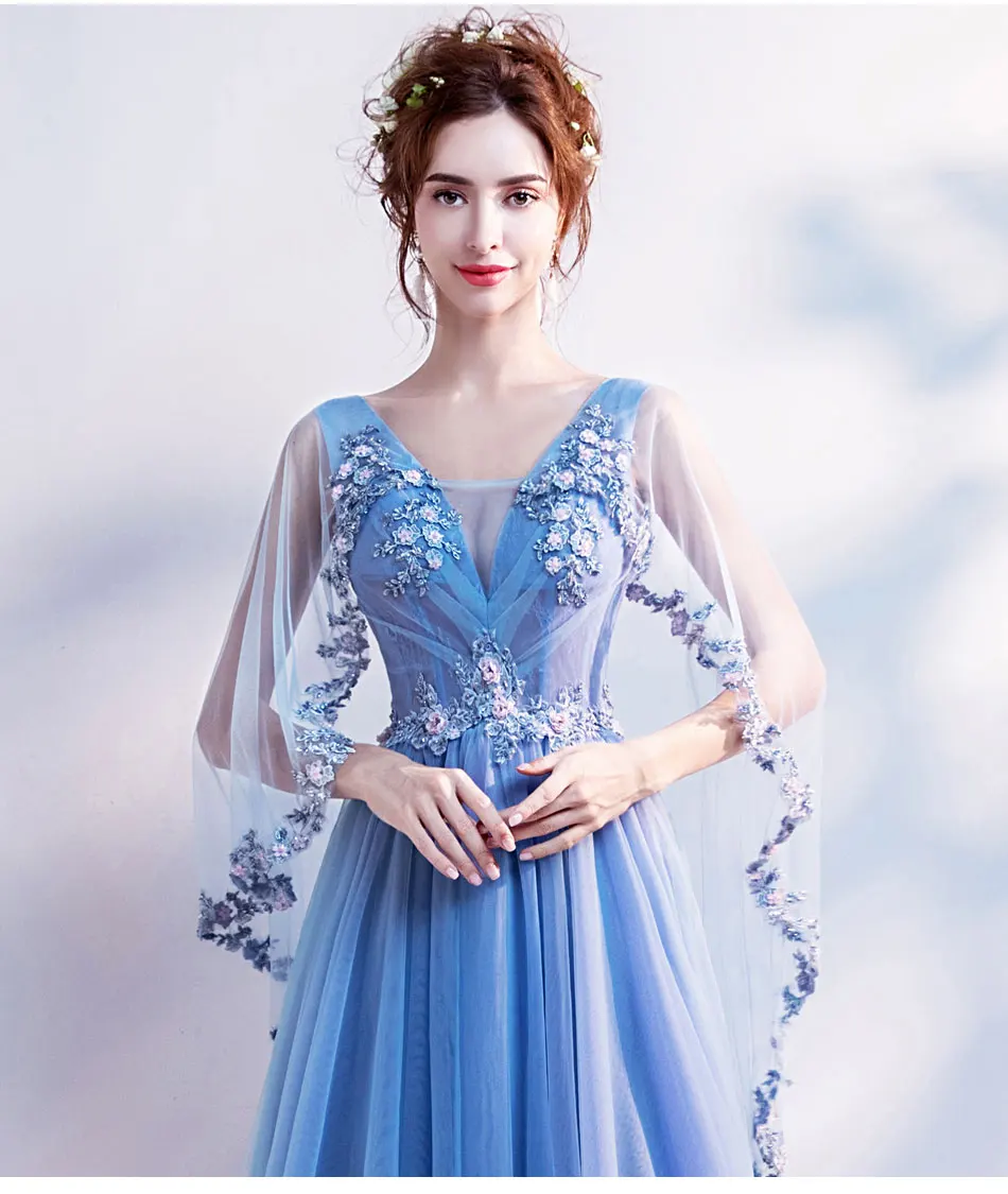 SSYFashion Новое кружевное вечернее платье с цветочным рисунком для невесты, банкета, милое голубое платье с v-образным вырезом, с рукавами-крылышками, длина до пола, официальное вечернее платье
