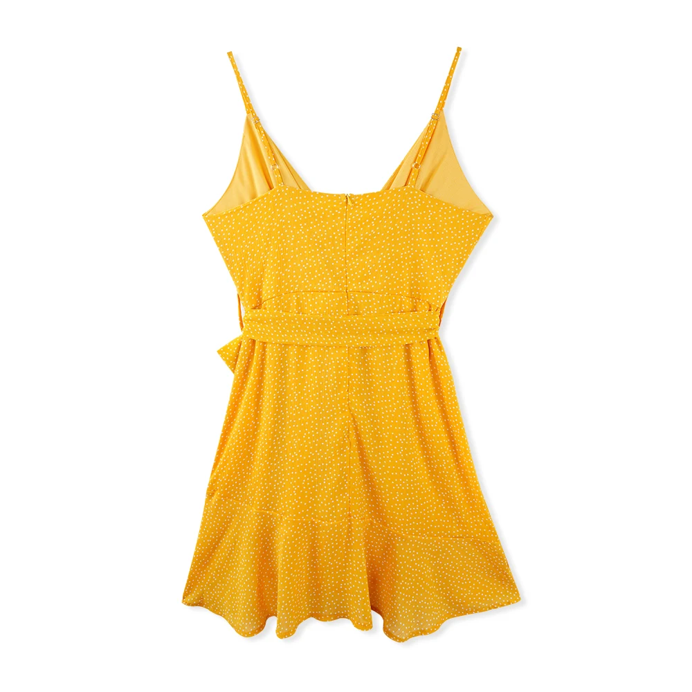 2019 Summer Fashion Dot Print A-line Dresses Women V-neck Sleeveless Sashes Ruffles Beach Style Casual Lady Chiffon Mini Dress | Женская