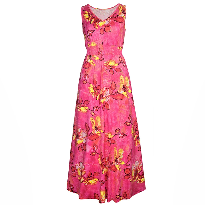 Новое платье 2017 года лето Печать безрукавное платье с глубоким V-образным вырезом на пляж, свободное до пола красное платье для женщин Fc073