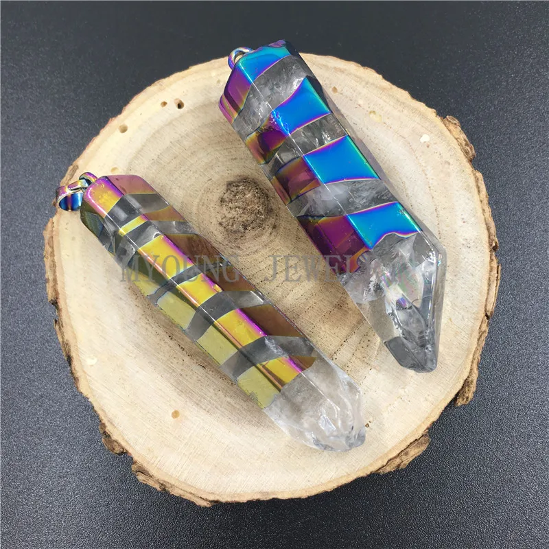MY0793 необработанный Кристальный кварц титановая Радужная подвеска в форме столба