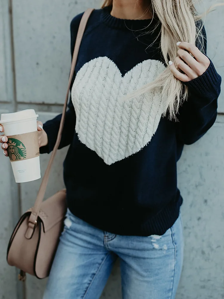 Осенне-зимние женские свитера с принтом сердечек Топы длинным рукавом милые - Фото №1