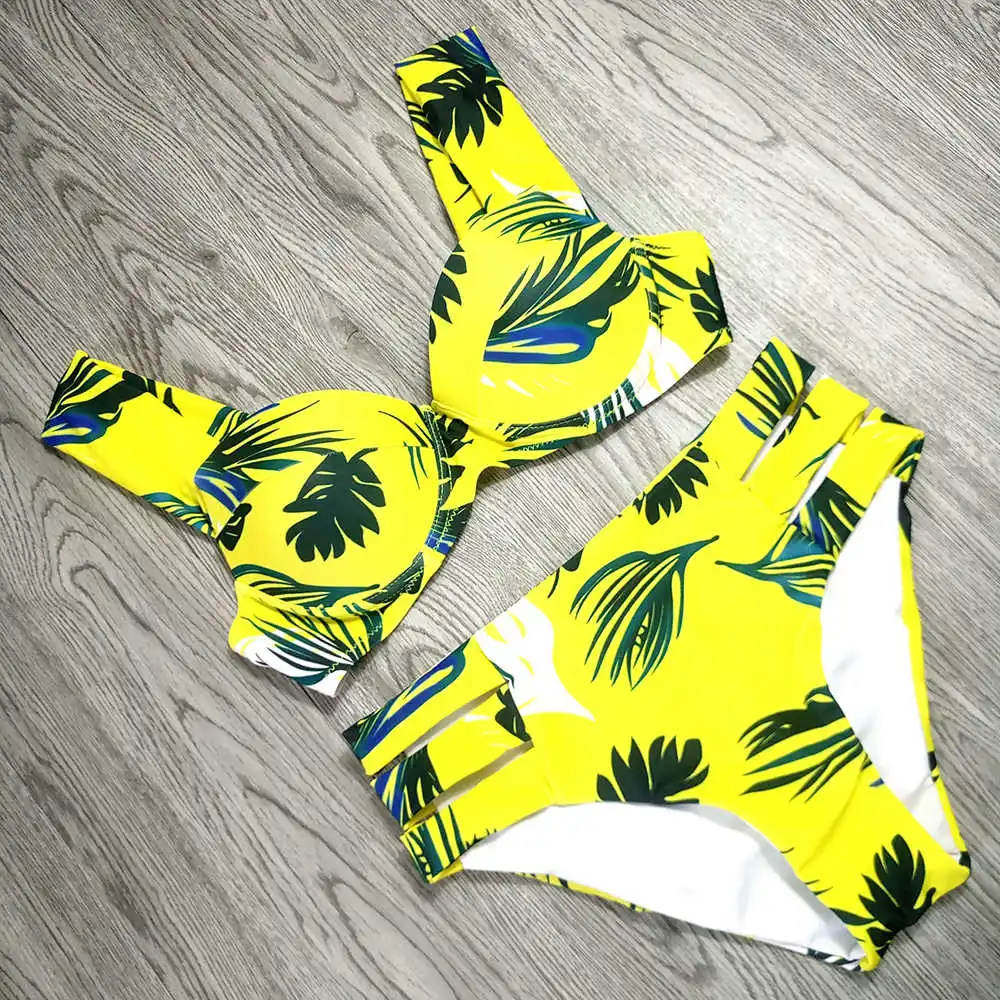 yellow Женский купальный костюм с пуш-ап и принтом, розовое боди с вырезом, купальные костюмы с косточкой, бикини, купальник, пляжная одежда для лета - Цвет: yellow