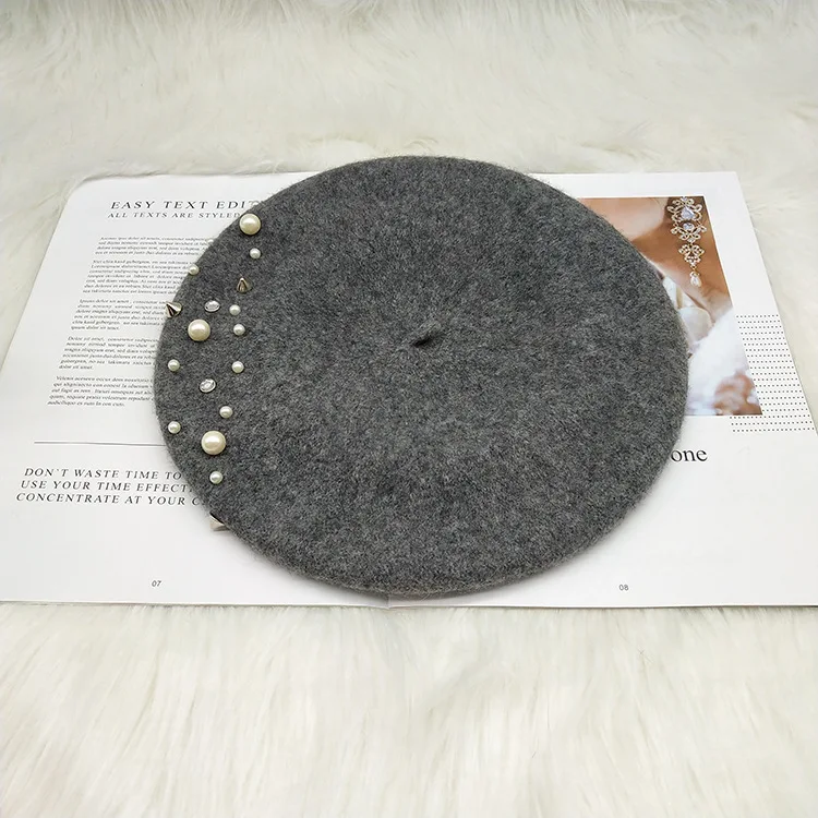 light grey Женский шерстяной берет VISROVER с жемчугом, женская вязаная шерстяная шапка, весенне-осенняя зимняя шапка, высокое качество, женская шапка - Цвет: light grey