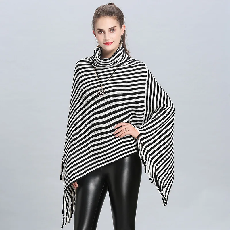 

LaMaxPa 2018 Winter New Women/Ladies Warm Thicken Striped Oversize Cashmere Shawls High Neckline Wraps Cape Femme Poncho
