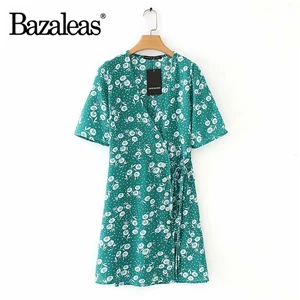 C14 green 1239 Bazaleas Франция фиолетовое мини Анисовое платье в горошек модное женское платье с завязками сбоку винтажное платье с запахом Прямая поставка - Цвет: C14 green 1239