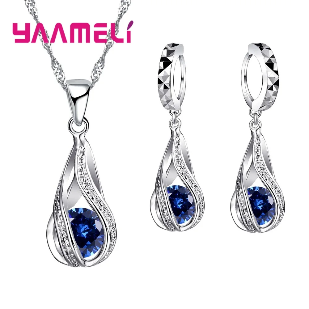 Blue Новые многоцветные Ювелирные наборы из серебра 925 пробы в классическом стиле в форме капли с блестящими кристаллами, ожерелье, подвеска, длинные серьги, Большая распродажа - Окраска металла: Blue