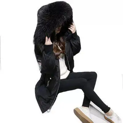 black XL-4XL, черный, утолщенный, шерсть, пальто, для женщин, вышивка, куртка, хлопок, длинный, с капюшоном, на шее, для девушек, на каждый день, пальто, теплая зимняя одежда - Цвет: black