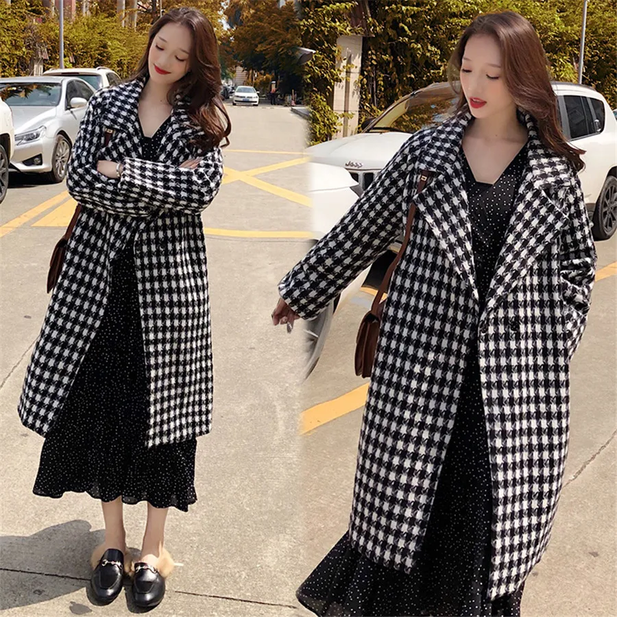 Hodisytian Winter Fashion Women Wool Blends Houndstooth Trench Coat Casual Block Check Thick Cardigan Female Cashmere Overcoat | Женская