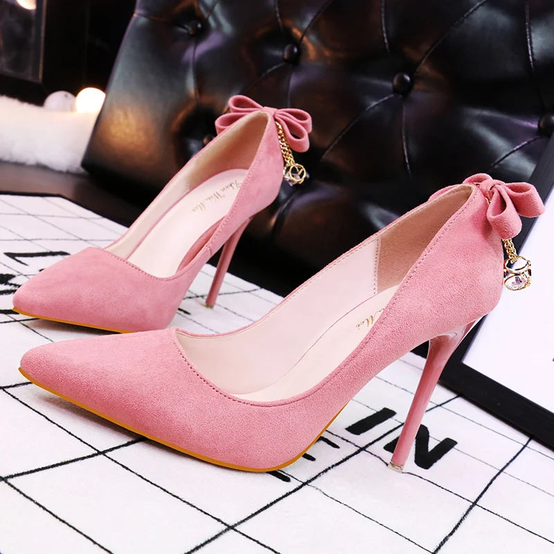 Мода Бабочка-узел и Crytal Flock Женщины Тонкие Каблуки Насосы Дамская Элегантный