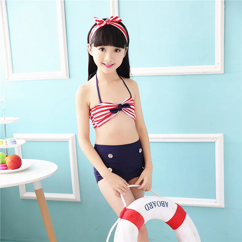 Детский купальник в красную полоску Милый комплект бикини с радужной бахромой