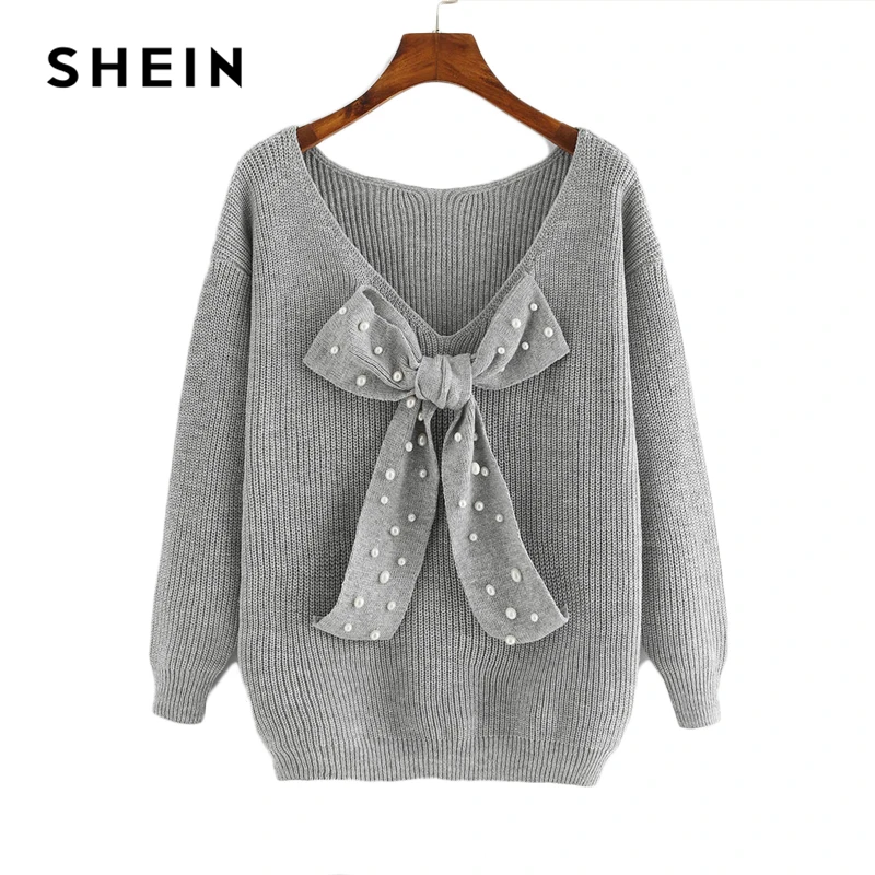 SHEIN Стильный Свитер С Вырезом, Свитер С Бантом И Бусинами, Элегантный Свитер С Отделкой