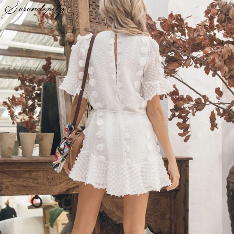 Elegant Fashion White Women Beach Dress Casual Ruffle Short Sweet Summer Mini Sash Dot Vestidos O neck Solid|Женские платья| |