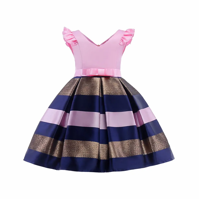 

New Dress Baby Girl Formal Bow Dresses Female Kids A-line Sleeveless Princess Stripe Cotton V-Neck Dress Childrens Clothes&Belt