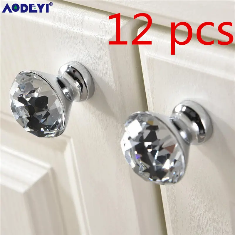 12 pcs Chrome Роскошные золотые чешские хрустальные круглые дверные ручки и ручки для шкафа мебель шкаф выдвижной ящик ручка - Цвет: 12 pcs Chrome
