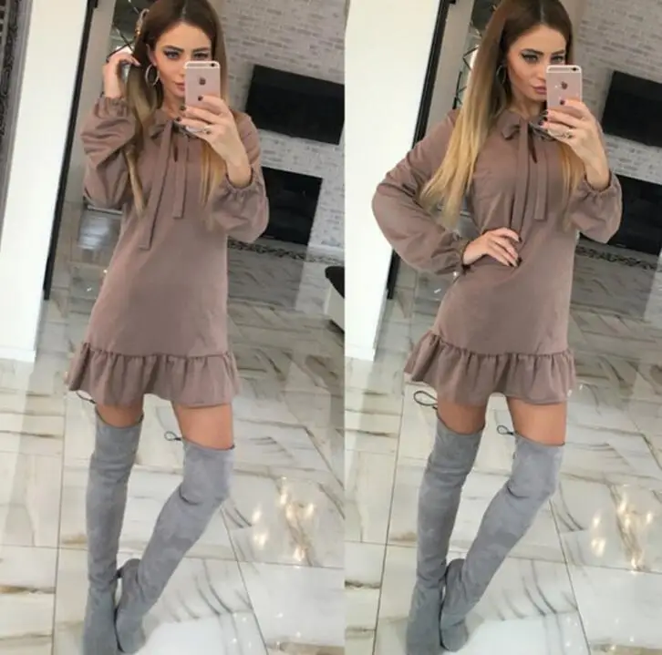 

Spring Women Long-Sleeve Ruffles Bow Sexy Casual Party Mini Dress A-Line Vintage Des Festa Casual Mini Robe