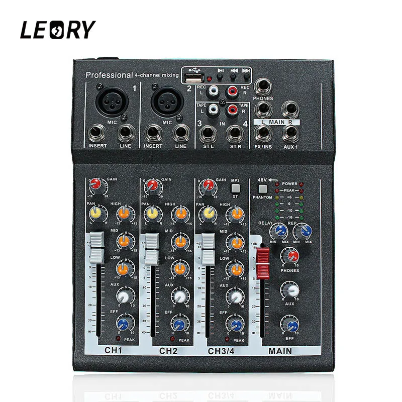 LEORY Мини Портативный 4 канала Профессиональный DJ аудио караоке микшерный пульт с USB 48 в мощный металлический цифровой DJ микшер звука
