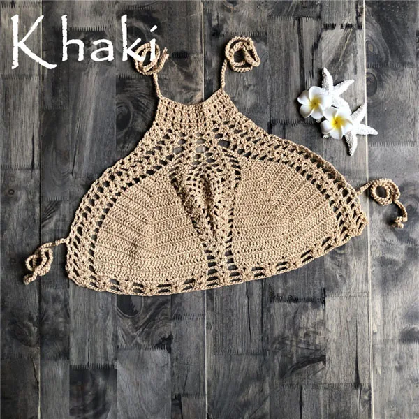 Женские майки, топы, рубашки, простые, белые, с бретельками, Короткие топы, бюстгальтер, Пляжное бикини, летний короткий жилет, сексуальный, открытая, вязанное крючком бикини - Цвет: Хаки