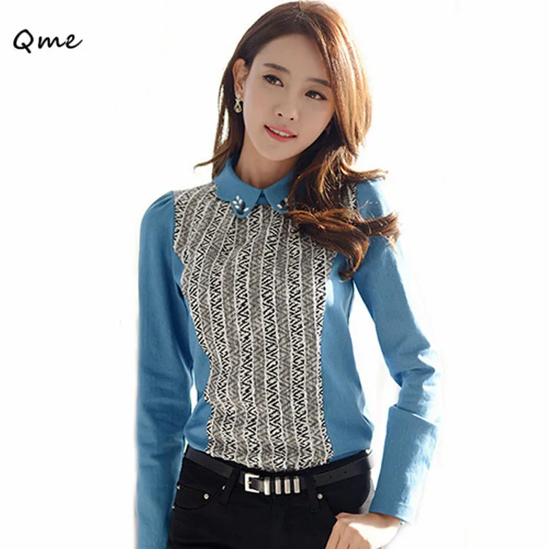 Women blouses shirt striped long sleeve casual shirts with beads print turn down collar korean fashion clothing blue blusa WD483 |