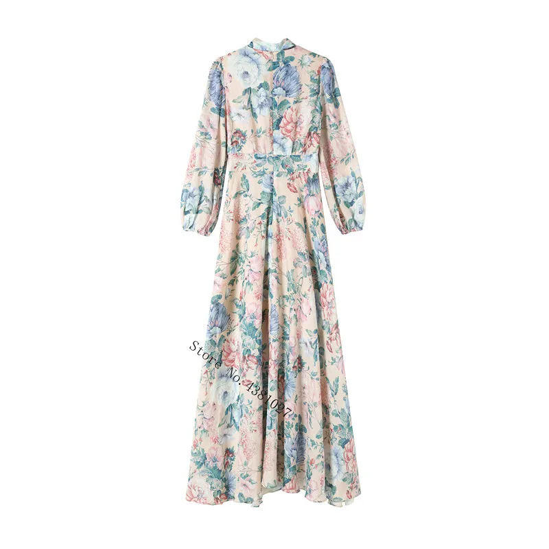 Summer New Fashion Linen Retro Printing V-Neck Single-Breasted Vacation Long Sleeve Dress Women's