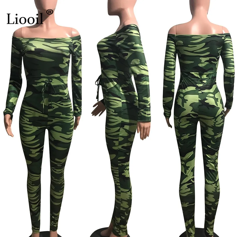 Liooil Camouflage Bodycon Sexy Sheer Jumpsuits For Women Club One Piece Outfits Off Shoulder Party Rompers Womens Jumpsuit